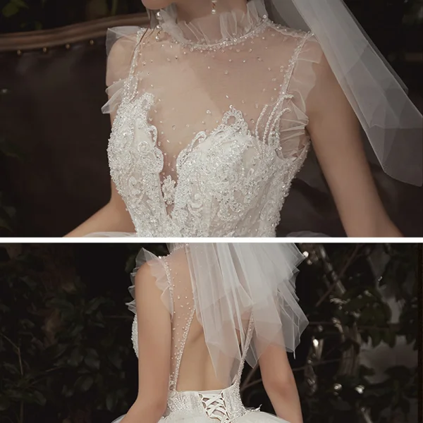 Luxury / Gorgeous Champagne See-through Wedding Dresses 2020 Ball Gown High Neck Sleeveless Backless Appliques Lace Beading Royal Train Ruffle