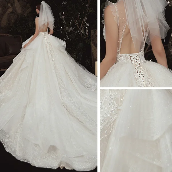 Luxury / Gorgeous Champagne See-through Wedding Dresses 2020 Ball Gown High Neck Sleeveless Backless Appliques Lace Beading Royal Train Ruffle