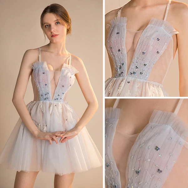 Sexy Himmelblau Durchsichtige Partykleider 2018 A Linie Ärmellos Spaghettiträger Perlenstickerei Kurze Rüschen Rückenfreies Festliche Kleider