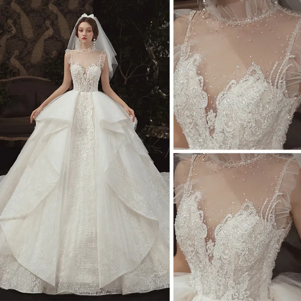 Luxury / Gorgeous Champagne See-through Wedding Dresses 2020 Ball Gown High Neck Sleeveless Backless Appliques Lace Beading Royal Train Ruffle