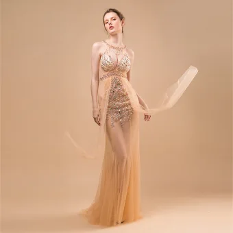Sexy Champagne Transparentes Robe De Soirée 2018 Trompette Sirène Encolure Dégagée Sans Manches Perlage Gland Train De Balayage Volants Dos Nu Robe De Ceremonie