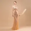Sexy Champagne See-through Evening Dresses  2018 Trumpet / Mermaid Scoop Neck Sleeveless Beading Tassel Sweep Train Ruffle Backless Formal Dresses