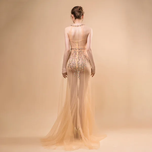 Sexy Champagne Transparentes Robe De Soirée 2018 Trompette / Sirène Encolure Dégagée Sans Manches Perlage Gland Train De Balayage Volants Dos Nu Robe De Ceremonie