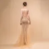 Sexy Champagne See-through Evening Dresses  2018 Trumpet / Mermaid Scoop Neck Sleeveless Beading Tassel Sweep Train Ruffle Backless Formal Dresses