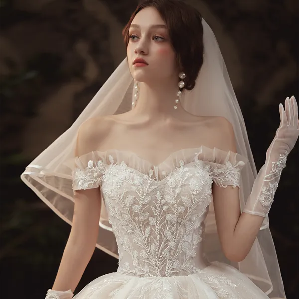Luxury / Gorgeous Champagne Wedding Dresses 2020 Ball Gown Off-The-Shoulder Short Sleeve Backless Glitter Tulle Appliques Lace Beading Royal Train Ruffle