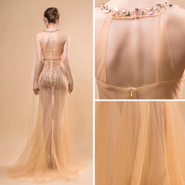 Sexy Champagne Transparentes Robe De Soirée 2018 Trompette / Sirène Encolure Dégagée Sans Manches Perlage Gland Train De Balayage Volants Dos Nu Robe De Ceremonie