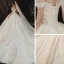 Lyx Champagne Bröllopsklänningar 2020 Balklänning Av Axeln Korta ärm Halterneck Glittriga / Glitter Tyll Appliqués Spets Beading Royal Train Ruffle