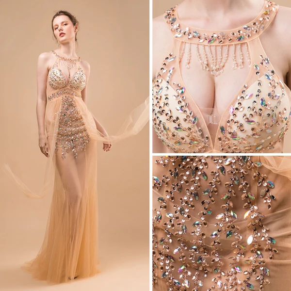 Sexy Champagne Transparentes Robe De Soirée 2018 Trompette / Sirène Encolure Dégagée Sans Manches Perlage Gland Train De Balayage Volants Dos Nu Robe De Ceremonie