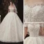 Lyx Champagne Bröllopsklänningar 2020 Balklänning Av Axeln Korta ärm Halterneck Glittriga / Glitter Tyll Appliqués Spets Beading Royal Train Ruffle