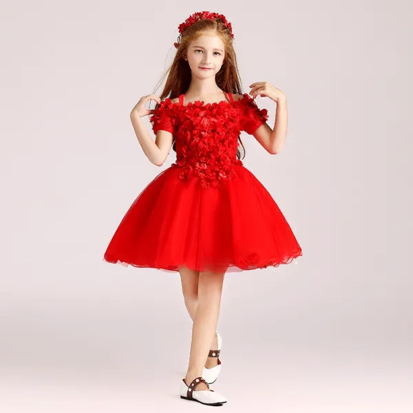 Chic / Beautiful Red Flower Girl Dresses 2017 Ball Gown Off-The-Shoulder Short Sleeve Appliques Flower Pearl Short Ruffle Wedding Party Dresses