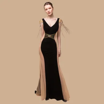 Sexy Noire Transparentes Robe De Soirée 2018 Trompette Sirène V Cou Mancherons Perlage Gland Train De Balayage Volants Dos Nu Robe De Ceremonie