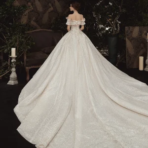 High End Sparkly Champagne Wedding Dresses 2020 A Line Princess Off The Shoulder Short Sleeve Backless Glitter Tulle Appliques Lace Sequins Beading Royal Train Ruffle