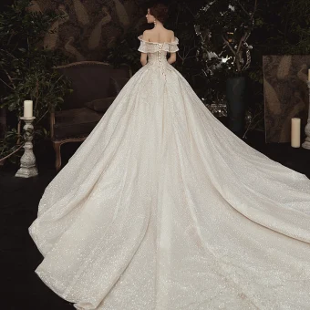 High End Sparkly Champagne Wedding Dresses 2020 A Line Princess Off The Shoulder Short Sleeve Backless Glitter Tulle Appliques Lace Sequins Beading Royal Train Ruffle