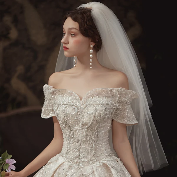 High-end Sparkly Champagne Wedding Dresses 2020 A-Line / Princess Off-The-Shoulder Short Sleeve Backless Glitter Tulle Appliques Lace Sequins Beading Royal Train Ruffle