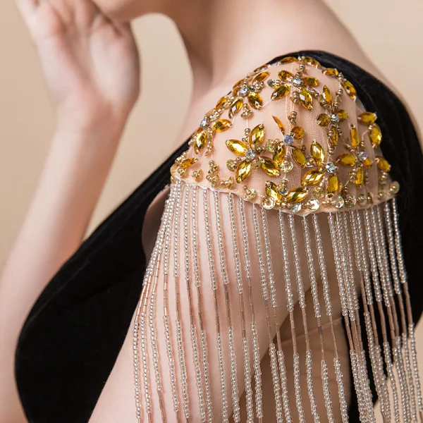 Sexy Noire Transparentes Robe De Soirée 2018 Trompette / Sirène V-Cou Mancherons Perlage Gland Train De Balayage Volants Dos Nu Robe De Ceremonie