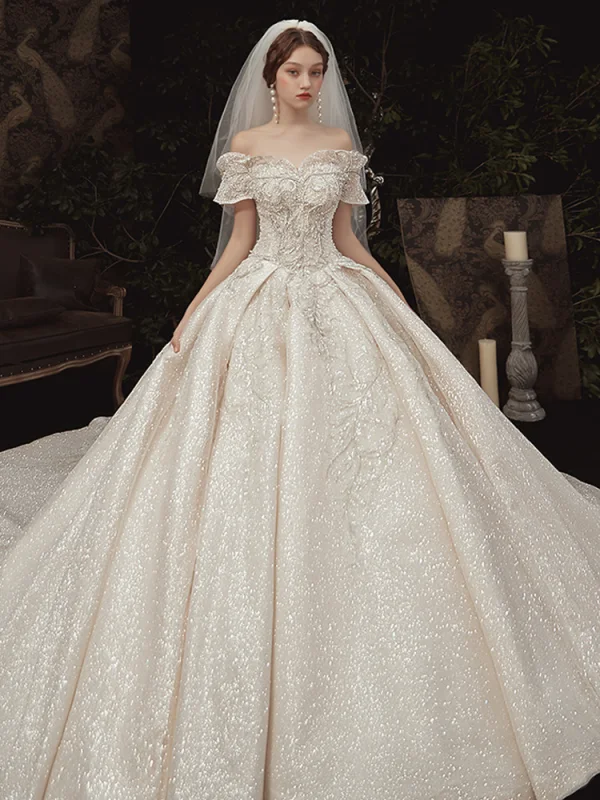 High-end Sparkly Champagne Wedding Dresses 2020 A-Line / Princess Off-The-Shoulder Short Sleeve Backless Glitter Tulle Appliques Lace Sequins Beading Royal Train Ruffle