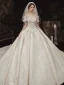 High-end Sparkly Champagne Wedding Dresses 2020 A-Line / Princess Off-The-Shoulder Short Sleeve Backless Glitter Tulle Appliques Lace Sequins Beading Royal Train Ruffle