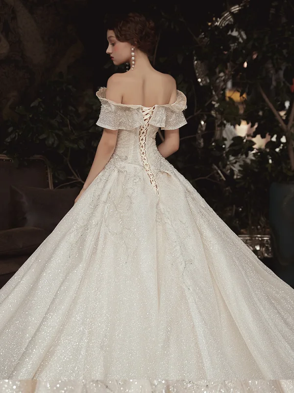 High-end Sparkly Champagne Wedding Dresses 2020 A-Line / Princess Off-The-Shoulder Short Sleeve Backless Glitter Tulle Appliques Lace Sequins Beading Royal Train Ruffle