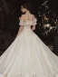 High-end Sparkly Champagne Wedding Dresses 2020 A-Line / Princess Off-The-Shoulder Short Sleeve Backless Glitter Tulle Appliques Lace Sequins Beading Royal Train Ruffle