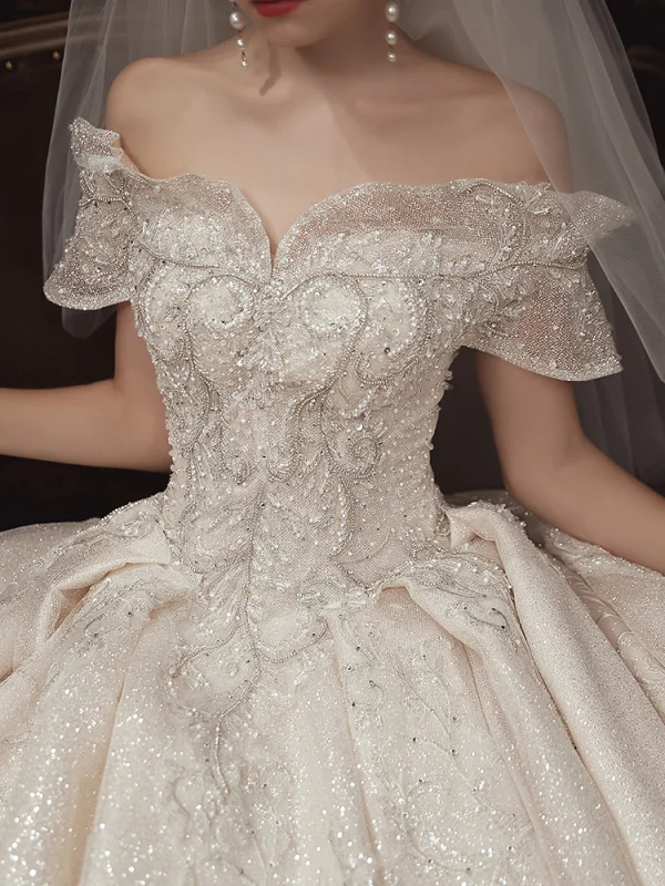 High-end Sparkly Champagne Wedding Dresses 2020 A-Line / Princess Off-The-Shoulder Short Sleeve Backless Glitter Tulle Appliques Lace Sequins Beading Royal Train Ruffle