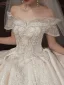 High-end Sparkly Champagne Wedding Dresses 2020 A-Line / Princess Off-The-Shoulder Short Sleeve Backless Glitter Tulle Appliques Lace Sequins Beading Royal Train Ruffle