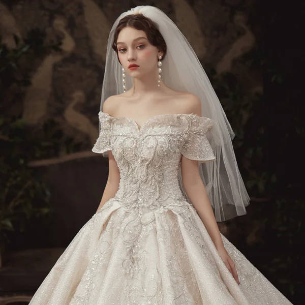 High-end Sparkly Champagne Wedding Dresses 2020 A-Line / Princess Off-The-Shoulder Short Sleeve Backless Glitter Tulle Appliques Lace Sequins Beading Royal Train Ruffle