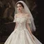 High-end Sparkly Champagne Wedding Dresses 2020 A-Line / Princess Off-The-Shoulder Short Sleeve Backless Glitter Tulle Appliques Lace Sequins Beading Royal Train Ruffle