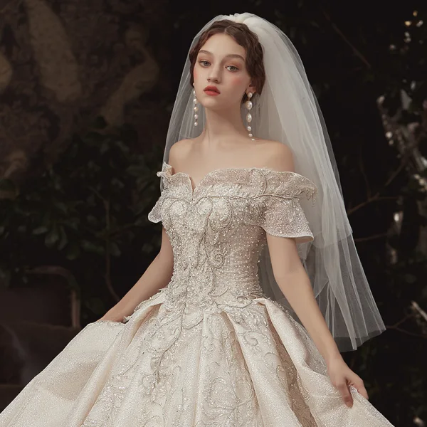 High-end Sparkly Champagne Wedding Dresses 2020 A-Line / Princess Off-The-Shoulder Short Sleeve Backless Glitter Tulle Appliques Lace Sequins Beading Royal Train Ruffle