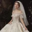 High-end Sparkly Champagne Wedding Dresses 2020 A-Line / Princess Off-The-Shoulder Short Sleeve Backless Glitter Tulle Appliques Lace Sequins Beading Royal Train Ruffle