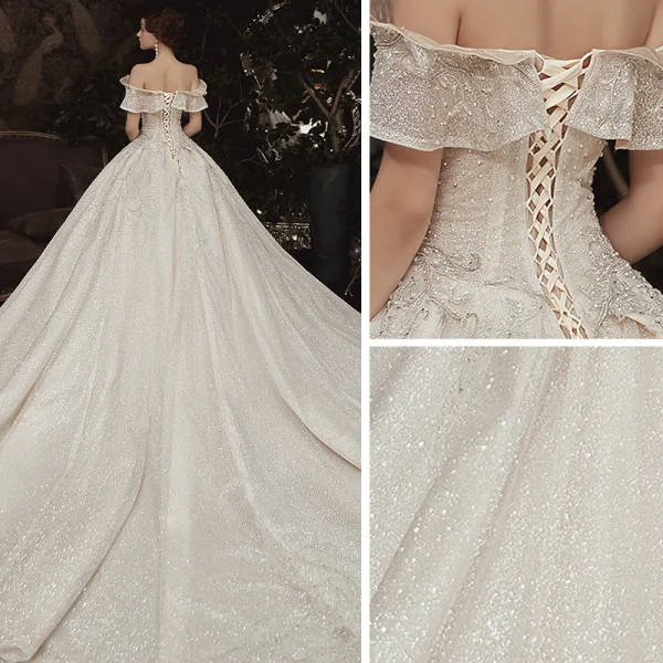 High-end Sparkly Champagne Wedding Dresses 2020 A-Line / Princess Off-The-Shoulder Short Sleeve Backless Glitter Tulle Appliques Lace Sequins Beading Royal Train Ruffle