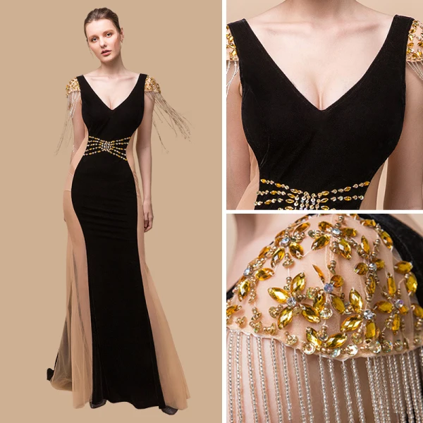 Sexy Noire Transparentes Robe De Soirée 2018 Trompette / Sirène V-Cou Mancherons Perlage Gland Train De Balayage Volants Dos Nu Robe De Ceremonie