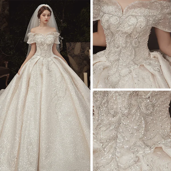 High-end Sparkly Champagne Wedding Dresses 2020 A-Line / Princess Off-The-Shoulder Short Sleeve Backless Glitter Tulle Appliques Lace Sequins Beading Royal Train Ruffle