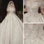 High-end Sparkly Champagne Wedding Dresses 2020 A-Line / Princess Off-The-Shoulder Short Sleeve Backless Glitter Tulle Appliques Lace Sequins Beading Royal Train Ruffle