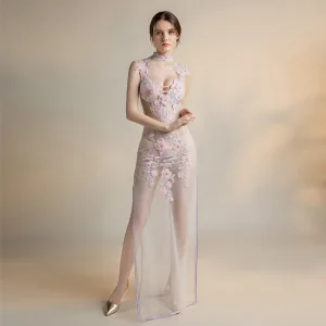 Sexy Elfenben Gjennomsiktig Selskapskjoler 2018 Kappe Fit Høy Hals Uten Ermer Appliques Blonder Rhinestone Fendue Devant Lange Ryggløse Formelle Kjoler