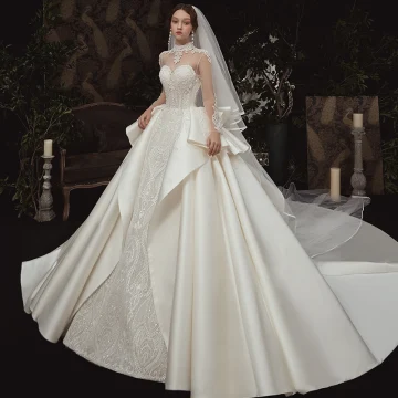 Vintage Retro See Through Ivory Satin Wedding Dresses 2020 Ball Gown High Neck Long Sleeve Backless Appliques Lace Handmade Beading Royal Train Ruffle