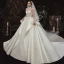 Vintage / Originale Transparentes Ivoire Satin Robe De Mariée 2020 Robe Boule Col Haut Manches Longues Dos Nu Appliques En Dentelle Fait main Perlage Royal Train Volants