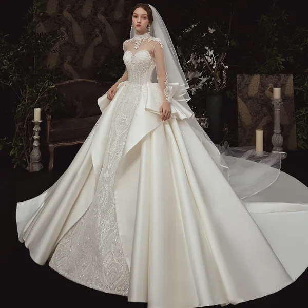 Vintage / Retro See-through Ivory Satin Wedding Dresses 2020 Ball Gown High Neck Long Sleeve Backless Appliques Lace Handmade  Beading Royal Train Ruffle