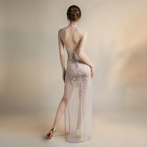 Sexy Ivoire Transparentes Robe De Soirée 2018 Gaine / Ajustement Col Haut Sans Manches Appliques En Dentelle Faux Diamant Fendue devant Longue Dos Nu Robe De Ceremonie
