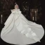Vintage / Originale Transparentes Ivoire Satin Robe De Mariée 2020 Robe Boule Col Haut Manches Longues Dos Nu Appliques En Dentelle Fait main Perlage Royal Train Volants