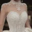 Vintage / Originale Transparentes Ivoire Satin Robe De Mariée 2020 Robe Boule Col Haut Manches Longues Dos Nu Appliques En Dentelle Fait main Perlage Royal Train Volants