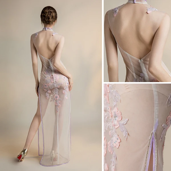 Sexy Ivoire Transparentes Robe De Soirée 2018 Gaine / Ajustement Col Haut Sans Manches Appliques En Dentelle Faux Diamant Fendue devant Longue Dos Nu Robe De Ceremonie