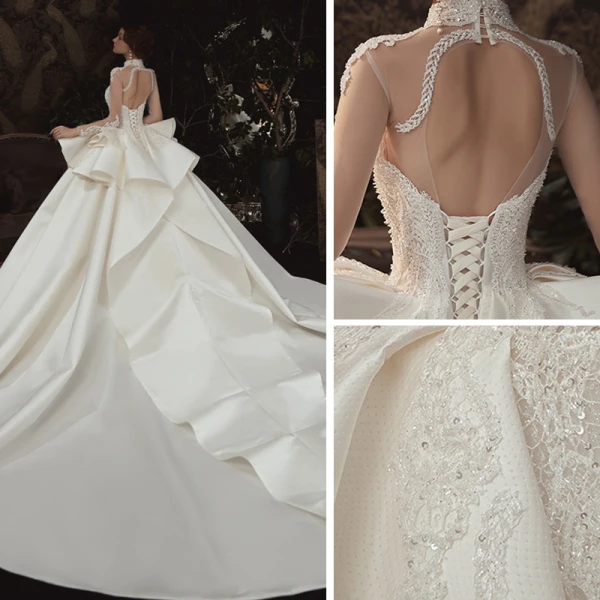 Vintage / Originale Transparentes Ivoire Satin Robe De Mariée 2020 Robe Boule Col Haut Manches Longues Dos Nu Appliques En Dentelle Fait main Perlage Royal Train Volants