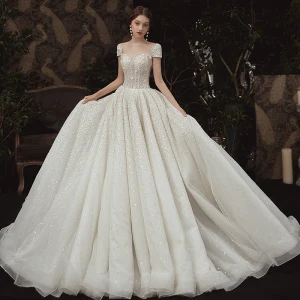 Luxury Gorgeous Ivory Outdoor Garden Wedding Dresses 2020 A Line Princess See Through Scoop Neck Short Sleeve Backless Glitter Tulle Sequins Beading Sweep Train Ruffle