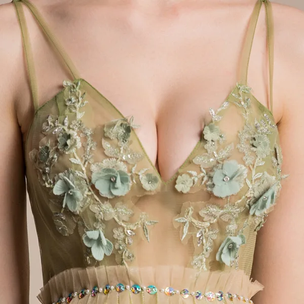 Sexy Salbeigrün Durchsichtige Partykleider 2018 A Linie Ärmellos Spaghettiträger Applikationen Blumen Strass Perlenstickerei Quaste Kurze Rüschen Rückenfreies Festliche Kleider