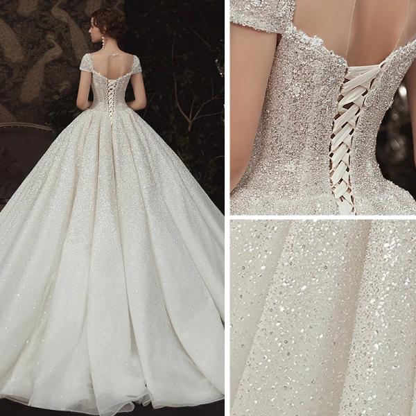 Luxus / Herrlich Ivory / Creme Garten / Im Freien Brautkleider / Hochzeitskleider 2020 A Linie Durchsichtige Rundhalsausschnitt Kurze Ärmel Rückenfreies Glanz Tülle Pailletten Perlenstickerei Sweep / Pinsel Zug Rüschen