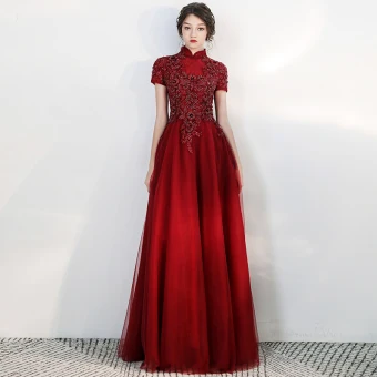 Vintage Originale Bordeaux Robe De Soirée 2020 Princesse Col Haut Manches Courtes Appliques En Dentelle Perlage Longue Volants Dos Nu Robe De Ceremonie