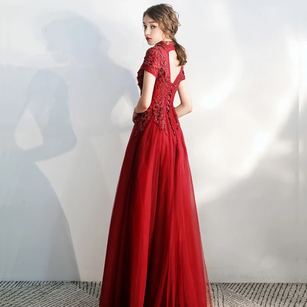 Vintage / Retro Burgundy Evening Dresses  2020 A-Line / Princess High Neck Short Sleeve Appliques Lace Beading Floor-Length / Long Ruffle Backless Formal Dresses