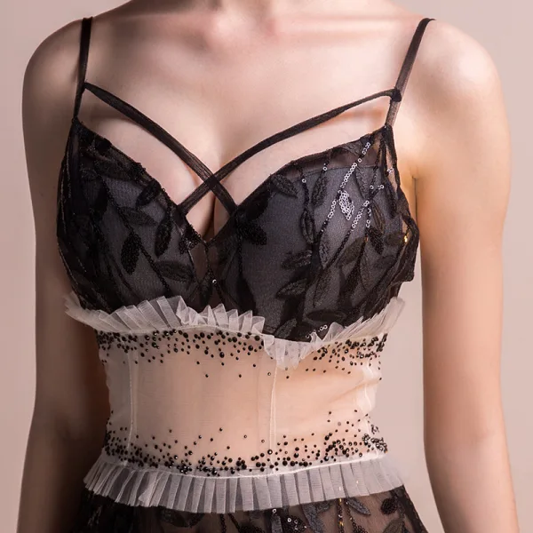 Sexy Schwarz Durchsichtige Partykleider 2018 Spaghettiträger Ärmellos Strass Applikationen Spitze Pailletten Kurze Rüschen Rückenfreies Festliche Kleider