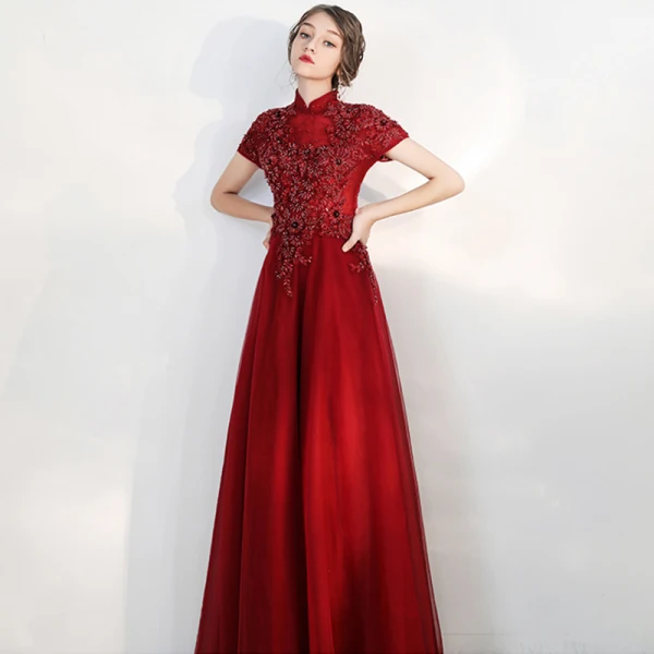 Vintage / Retro Burgundy Evening Dresses  2020 A-Line / Princess High Neck Short Sleeve Appliques Lace Beading Floor-Length / Long Ruffle Backless Formal Dresses