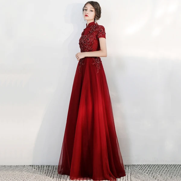 Vintage / Retro Burgundy Evening Dresses  2020 A-Line / Princess High Neck Short Sleeve Appliques Lace Beading Floor-Length / Long Ruffle Backless Formal Dresses